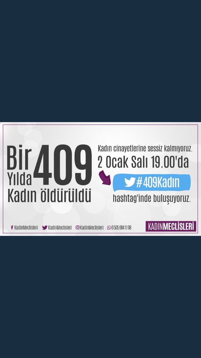 Değerli dostlarımız, 

1 yılda 409 kadın erkekler tarafından öldürüldü. Kadın cinayetlerine sessiz kalmıyoruz, #409Kadın etiketiyle şu an Twiter'da buluşuyoruz. Atacağınız tweetlerle desteklerinizi bekliyoruz.