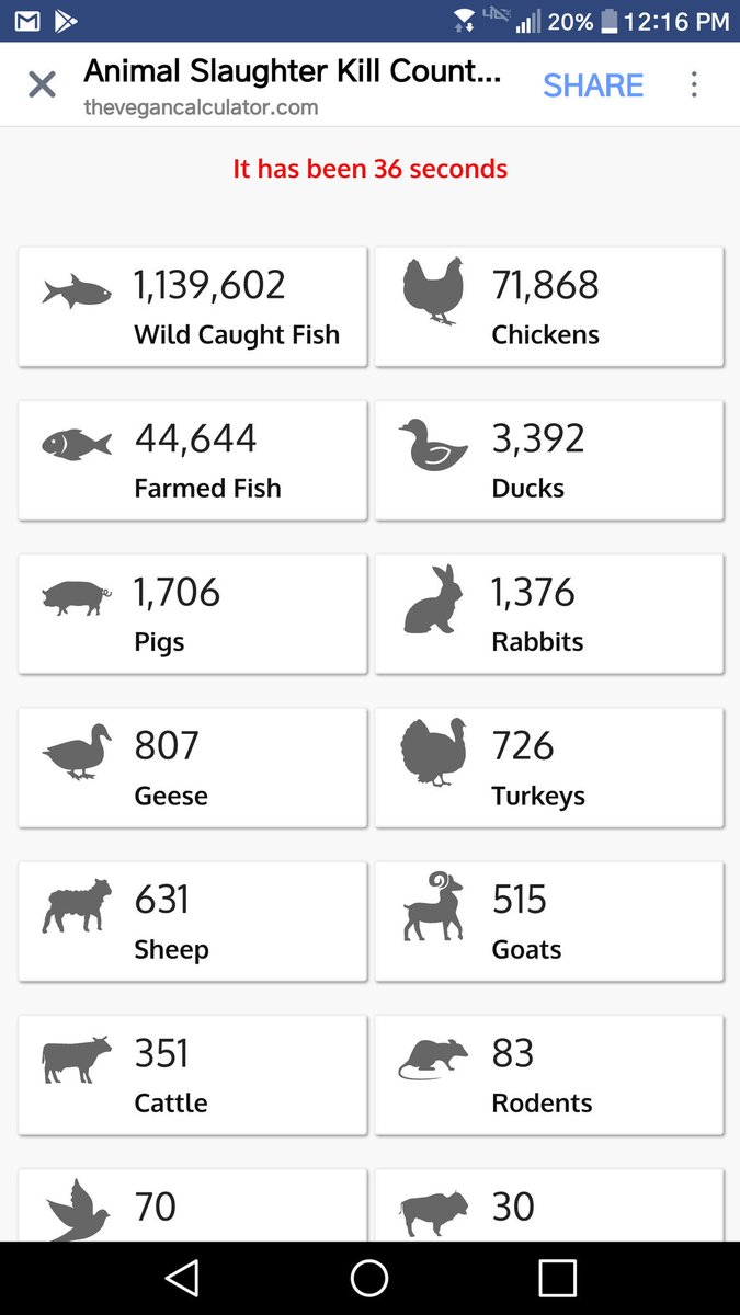 OkeechobeeSave's tweet image. This ia a very useful tool for outreach. Also very sad to see how many Animals die every second
#Vegan #bevegan #KillCounter 
thevegancalculator.com/animal-slaught…