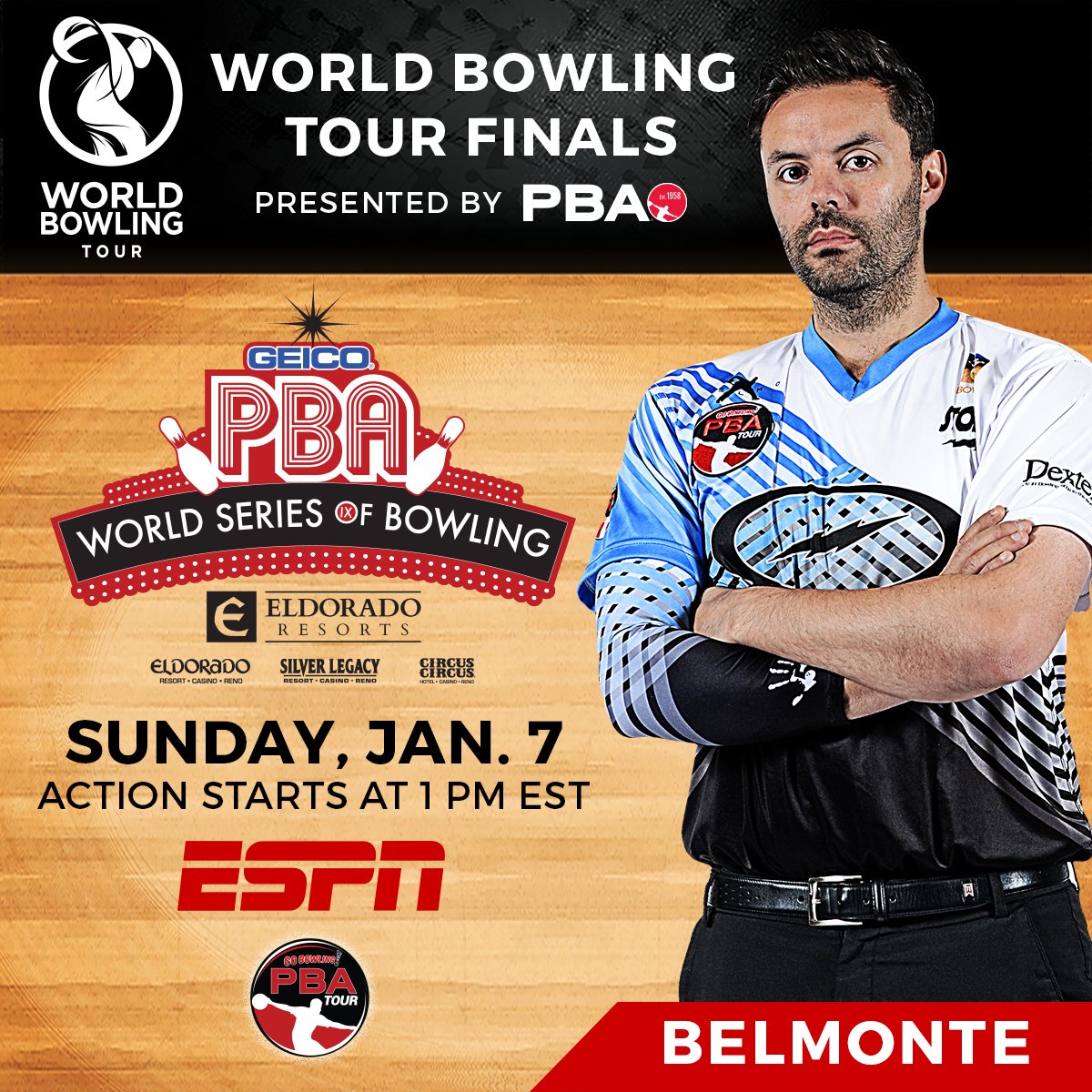 PBATour's tweet photo. .@JBelmo returns to @espn this Sunday at 1 PM for the World Bowling Tour Finals. #WSOB https://t.co/t01LZwyF6e