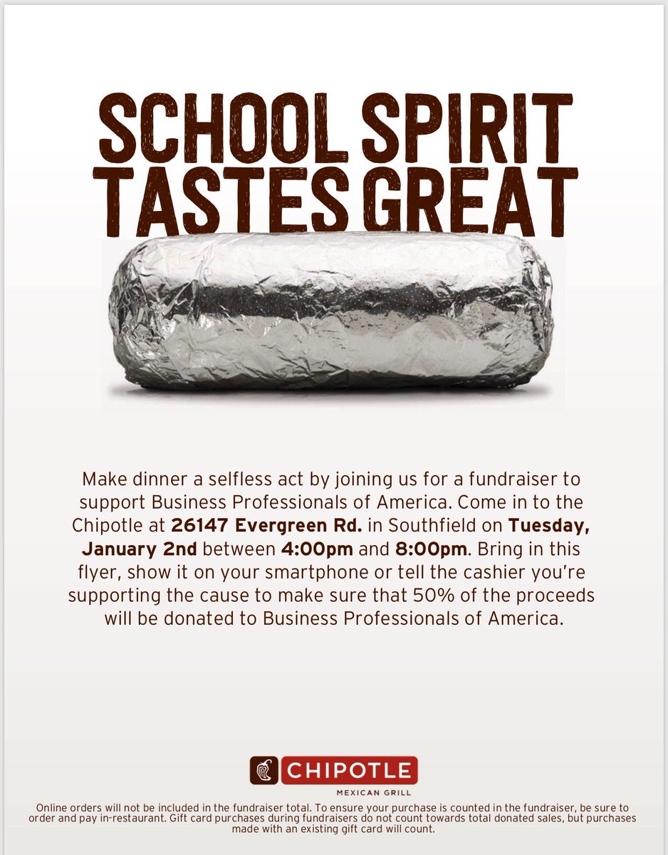BusinessProsSAT's tweet photo. Today’s the day !!! Come out and support. Order some food, show the cashier the flyer below, and you have now supported our BPA Chapter. 4-8pm @ChipotleTweets on Evergreen in Southfield, Michigan https://t.co/rjzk0rFgG9