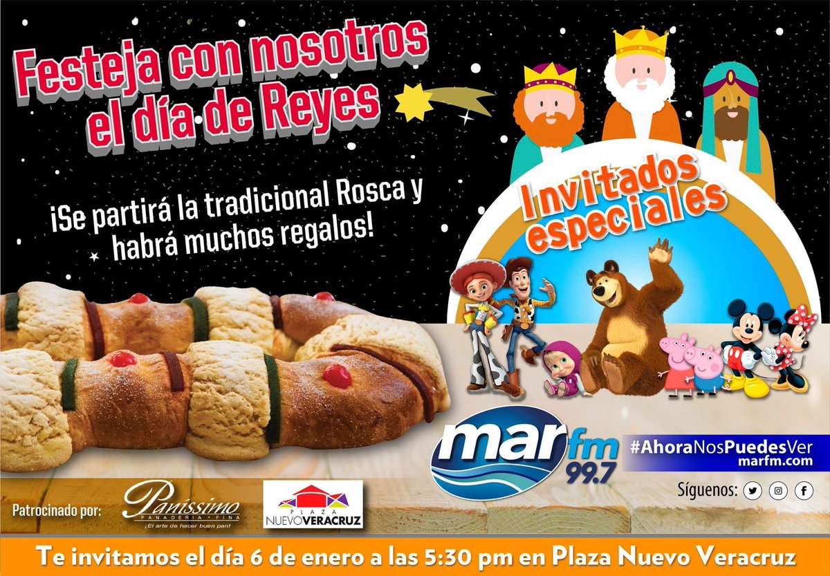 MarFM997's tweet photo. Festeja con nosotros el #DiadeReyes en @P_NuevoVeracruz este 6 de Enero a partir de las 5:30 pm partiremos la tradicional roscas de reyes y ademas estarán presentes varios de tus personajes favoritos. Ven y pasa una tarde divertida !!! https://t.co/5EjZZAs8IJ #Ahoranospuedesver https://t.co/nBLRPCrXnz