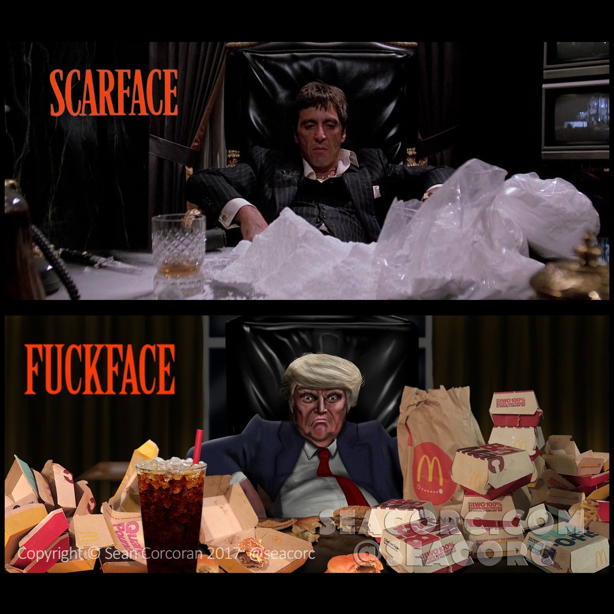seacorc's tweet photo. Say hello to my little president!
Trumpers thought they elected Tony Montana, a guy who would go out with a pile of coke and a machine gun. They'll have to settle for Diet Coke and Twitter. https://t.co/NahOQ5Fsi0