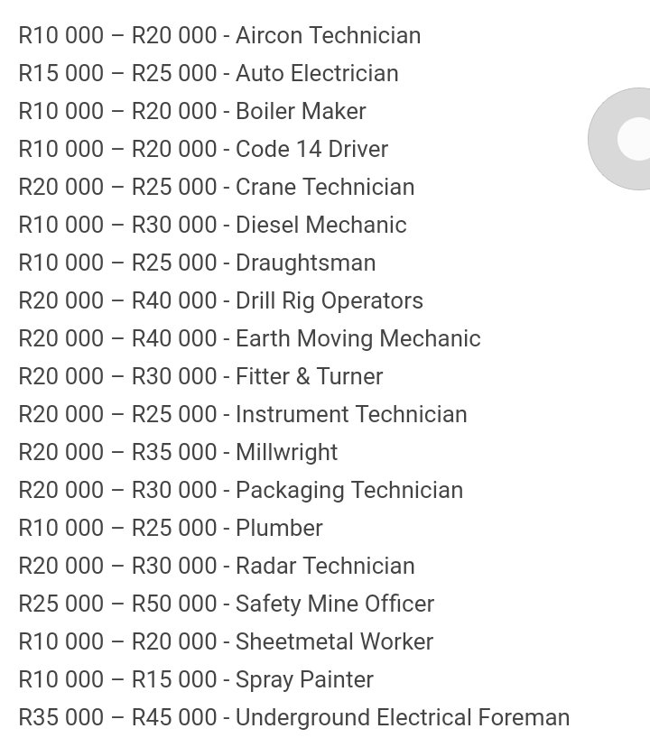 Matriculants who have no clue what to this year. Don't ignore trades. There's money to be made there, with a wide variety of trades. These are just some of trades and their pay scale with +/- 2yrs experience