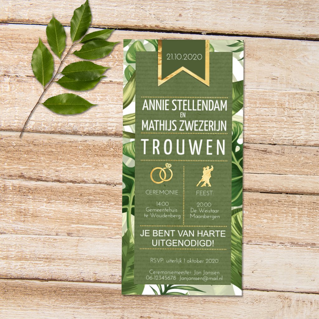 Kaarten_studio's tweet photo. En wat dacht je van een botanische #trouwkaart met bladeren! Puur natuur! Blijf vanavond lekker thuis tijdens de #westerstorm en pas deze kaart helemaal zelf naar wens aan. https://t.co/UDM9AfM5lf