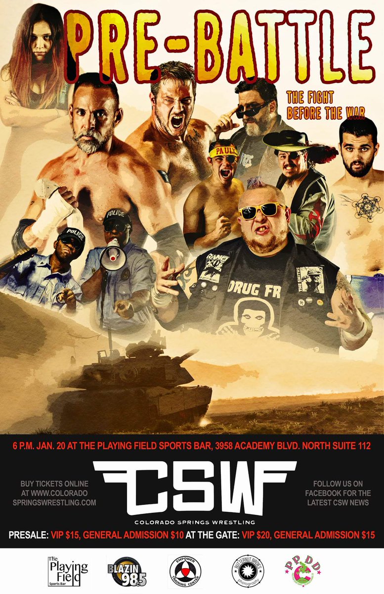 #COLORADOSPRINGS You wanted more, so we're giving you more.
Jan 20 at The Playing Field Sports Bar #CSW is proud to bring you #PreBATTLE , Battle for the Belt 2: qualifying matches AND a 15 man #battleroyal tix on sale soon at coloradospringswrestling.com #Colorado #IndyWrestling