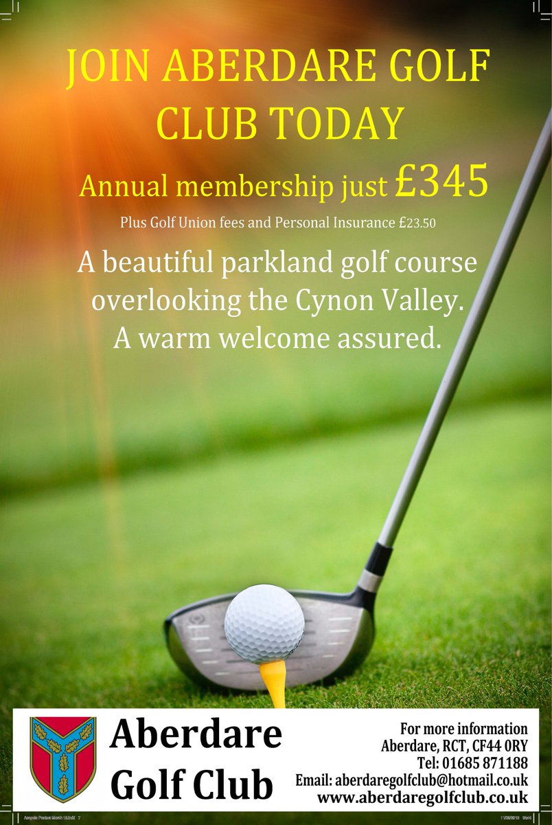 Looking to join a #golf club <a href="/AberdareGC/">Aberdare Golf Club</a> welcomes new members in 2018 just £345 for the first year. #aberdare #merthyrtydfil #hirwaun #glynneath #mountainash <a href="/GDW_Golf/">GolfDevelopmentWales</a> <a href="/SWPGA/">PGA in South Wales</a> <a href="/walesdeafgolfuk/">Wales Deaf Golf</a> <a href="/GolfWalesOnline/">Golf Wales Magazine</a> see aberdaregolfclub.co.uk