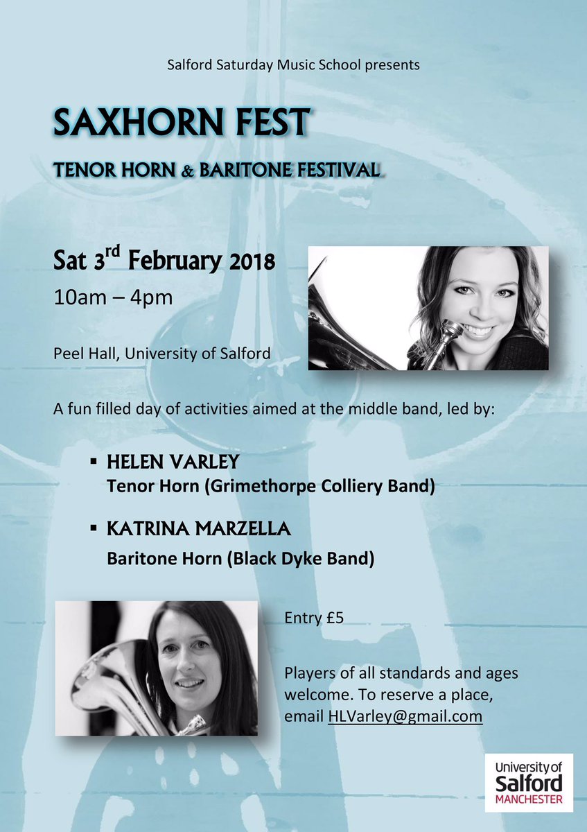 🎶 Saxhorn Fest! 🎶

Exciting new Tenor Horn &amp; Baritone Festival with @katrinamarzella &amp; <a href="/HelenVarlz/">Helen Varley</a>. Saturday 3rd February

Please RT 🙂