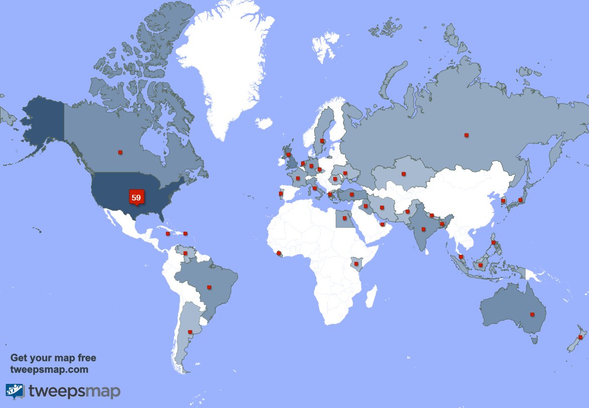 brendakaycomer's tweet photo. My followers live in 38 countries: USA(59%), UK.(6%)... https://t.co/xT0PSbnUYg Get your free map! https://t.co/DO8z9KKy6G