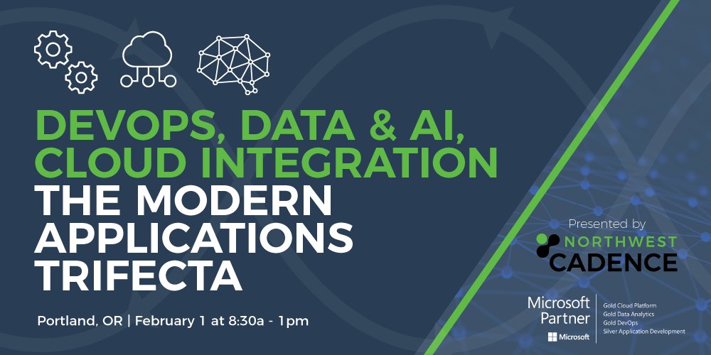nwcadence's tweet photo. #DevOps, #Cloud Integration, and #Data &amp; #AI. Learn how to modernize your business with Steven Borg, Ryan Chynoweth, and panel guests at our live event on February 1 in Portland, OR. Register for free: https://t.co/YHzLQalb6E (We'll also host this in Bellevue, WA!) https://t.co/oD8ttyQ4eX