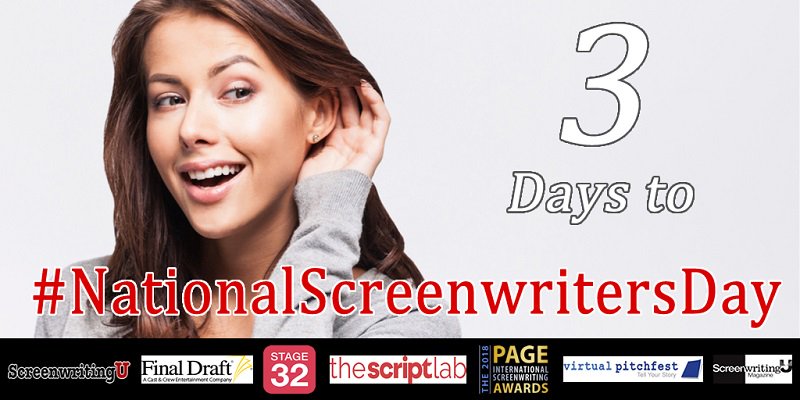ScreenwriterDay's tweet photo. 3 Days to #NationalScreenwritersDay !  We celebrate on 
Jan. 5, 2018.  Visit https://t.co/hOpyazeN4j  Proud to be 
working with @Stage32 @PAGEawards @Official_InkTip 
@VPFest  @TheScriptLab  @ScreenwritingU to  create 
visibility for screenwriters and #screenwriting everywhere! https://t.co/8cqwNAxodR