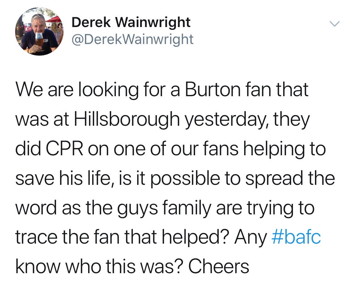 theawayfans's tweet photo. Help find the legend Burton Albion fan that performed CPR on a Sheffield Wednesday fan and saved his life at their game yesterday. Pls RT 👍🏻 https://t.co/BMEtalmh9h