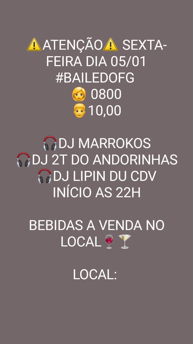 SocialDosCria's tweet photo. #BAILEDOFG ATACA NOVAMENTE DIVULGA QUE É MIDIA, SO SUBIR A ESCADINHA DA ZILDA, LEMBRANDO QUE A BEBIDA SERA VENDIDA NO LOCAL @DJDOOISTE @LipinduCDV @marrokosdj (FLYER OFICIAL AMANHÃ) DJ 2T COMFIRMADAO BOTANDO O PIQUE DO ANDORINHAS!!!! https://t.co/va0YXbQmwv