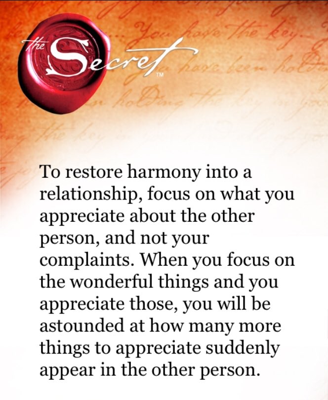 To restore harmony into a relationship, focus on what you appreciate about the other person, and not your complaints. <a href="/TheSecret/">The Secret</a> <a href="/LawOfAttraction/">Humanity</a> #thesecret #lawofattraction #JoyTrain #NewYearNewYou #spirituality #harmony #relationships #focus #appreciate #altruist #wonderful