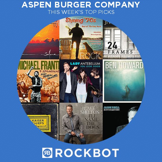 AspenBurgerCo's tweet photo. This Week's Top @GetRockbot Picks at Aspen Burger Company : https://t.co/wmmWxTSMdn https://t.co/qLLVLfYekz