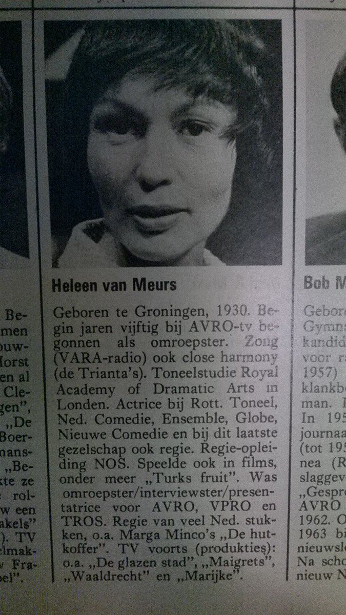 <a href="/AetherNL/">Aether Magazin</a> <a href="/Spreekbuisnl/">Spreekbuis.nl</a> <a href="/BenGwiki/">Beeld en Geluidwiki</a> actrice-regisseuse Heleen van Meurs, 23 december op 87-jarige leeftijd overleden, zong voor VARA-radio in de T(h)rianta's en was tv-omroepster, interviewster en presentatrice  wiki.beeldengeluid.nl/index.php/Hele… streektaalzang.nl/strk/dren/dren… #RIP (afb. uit TV-ABC)