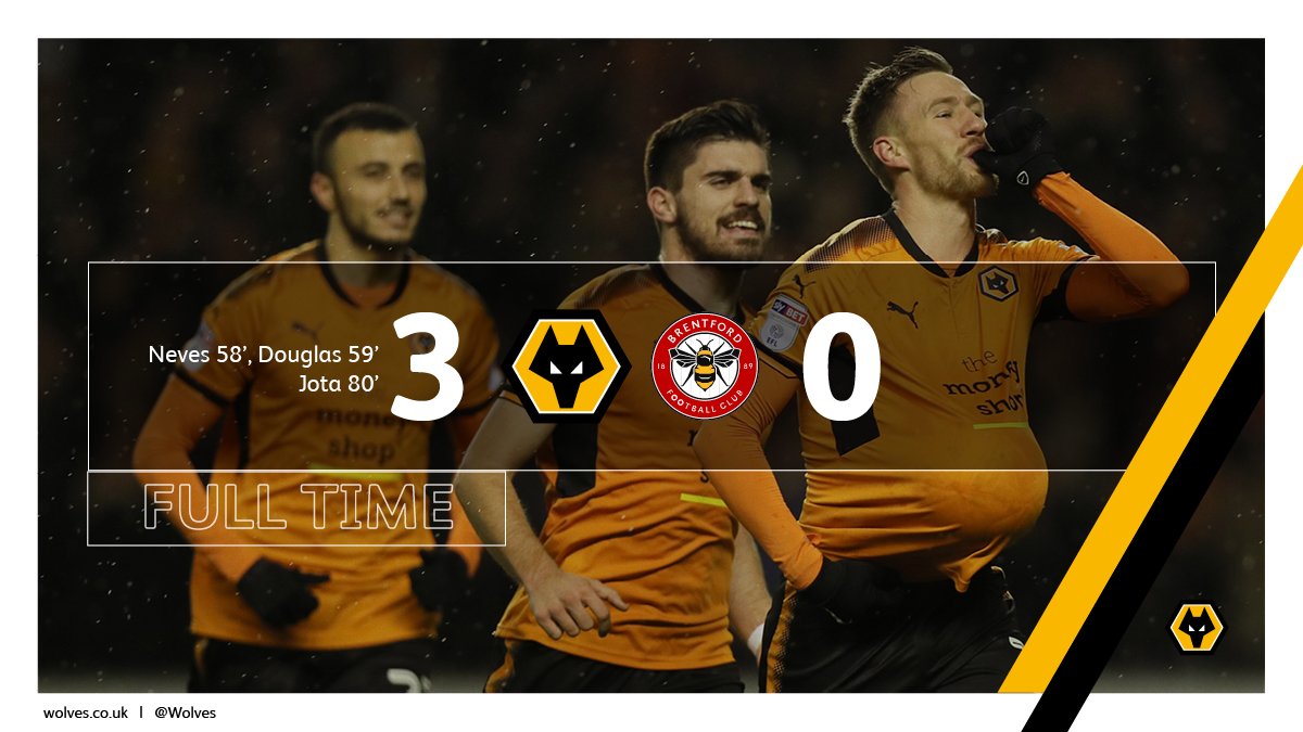 Wolves's tweet photo. That's full time. A stunning second half display secures all three points for @Nuno's men. @rubendsneves_, @barrydouglas03 and @DiogoJota18 all on the scoresheet. #WOLvBRE https://t.co/pKl7v1cQA4