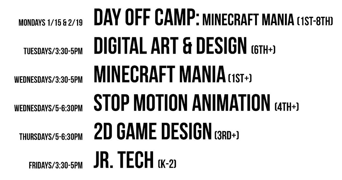 DigitalDragonCo's tweet photo. Our Winter session of Classes begins Jan 16!
Here are the details of the What, When and For Whom ~~>
Register online https://t.co/rOduC77cpX or call 424-280-4654. #STEM #jrtech #minecraft #stopmotion #gamedesign #digitalart #STEAM https://t.co/3bYbT1uYIJ