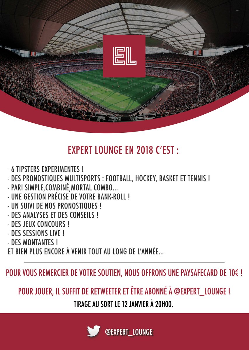 LoungePronos's tweet image. 🔊 Salut l'équipe ! Présentation des nouveautés pour 2018 + concours !

➡️ Pour vous remercier de votre soutien, nous offrons une paysafecard de 10€ qui sera à gagner par TAJ le 12 Janvier à 20h00 ! 
Il suffit de RT + FOLLOW @EXPERT_LOUNGE pour participer ! 🔥

#TeamParieur
