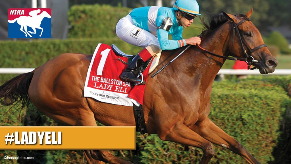 NTRA's tweet image. RT to vote for Lady Eli's thrilling win in the Diana, her second Grade 1 victory of the season, nearly a year after a near-fatal bout with laminitis, as #NTRAMomentoftheYear. #LadyEli