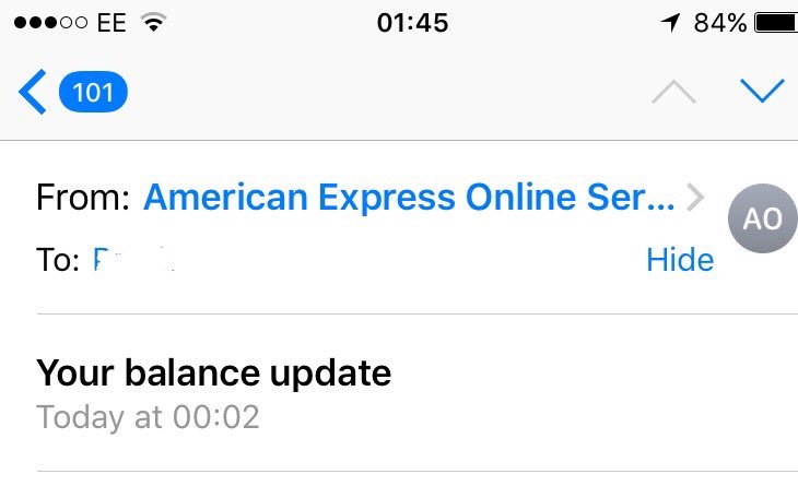 Automated message telling me my credit card balance just after midnight on 01/01/2018 - Nice timing <a href="/AmexUK/">American Express UK</a>  #Sarcasm 🙄