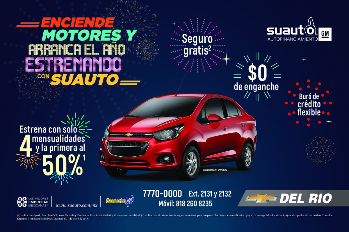 Chevroletdelrio's tweet photo. ¡¡Que mejor manera de empezar el 2018 que estrenando tu Chevrolet nuevo!!🎉🎆 Ven a cualquiera de nuestras 3 sucursales y pregunta sobre esta increíble promoción!
✔️0% de enganche
✔️Seguro gratis
✔️Buró de crédito flexible https://t.co/cDkmEyKsJ3