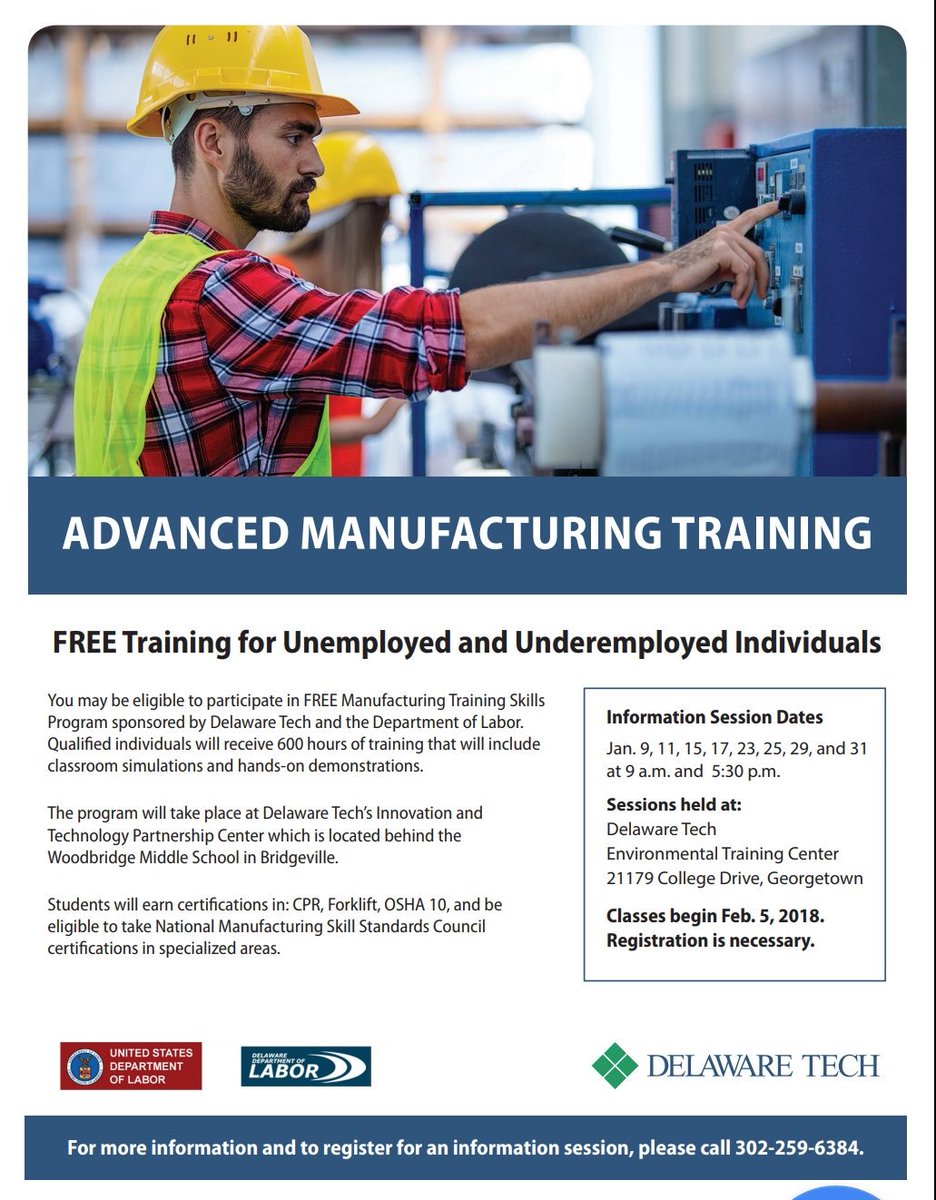 SamHudran's tweet photo. If you, or someone you know, is unemployed or underemployed and a Delaware resident, you may qualify for free training! Mandatory information sessions approaching fast! #dtccpride @mikeroweworks care to share? https://t.co/KTyJSlt5iu
