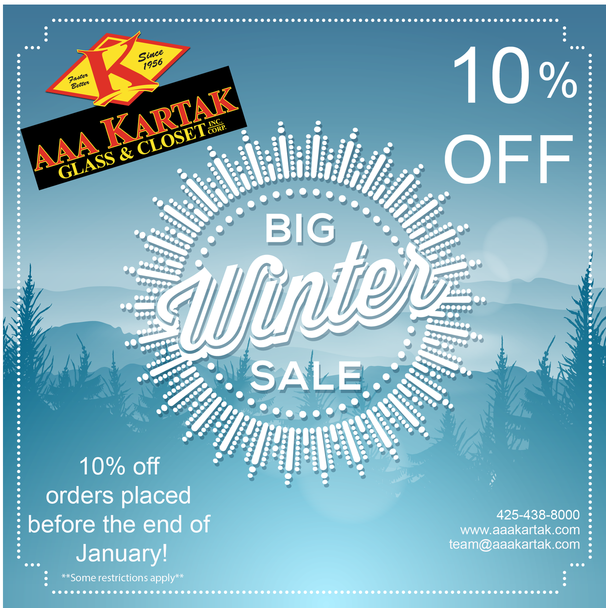 AAAKartak's tweet photo. BIG WINTER SALE!!! 10% off your project if you order before the end of January! #AAAKARTAK #Sales #discounts #Deals #Seattle #glass #showers #mirror #designercloset #design #onlineshopping https://t.co/JRJkPMTMlh