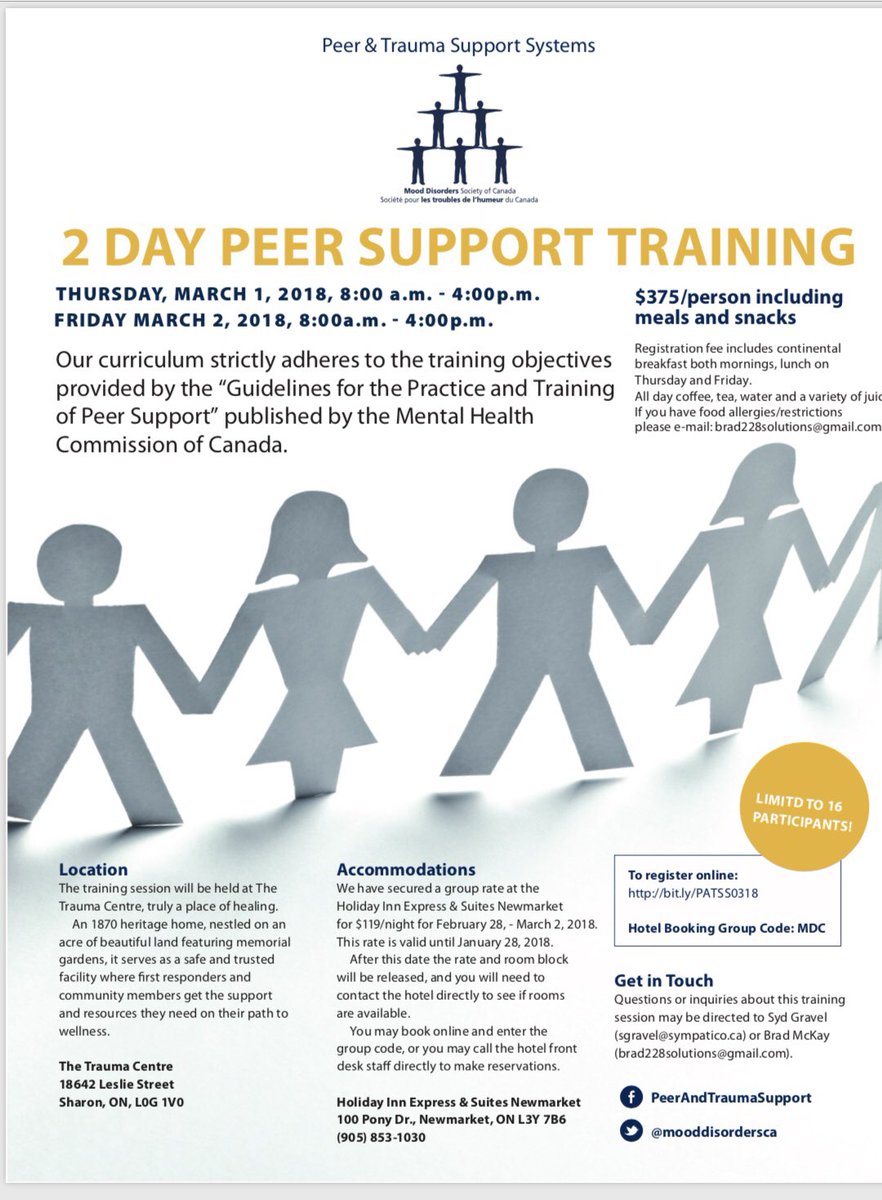 Looking for amazing #peersupport training?

Two Day Peer Support Training Accredited by MDSC - March 1-2 - The Trauma Centre in Sharon, On 

<a href="/DrBBouffard/">Dr.BeverleyBouffard</a> @JonathanOPA <a href="/WoundWarriorCA/">Wounded Warriors CAN</a> <a href="/IGotYourBack911/">IveGotYourBack911</a> <a href="/mm18156/">Marcel Martel</a>
