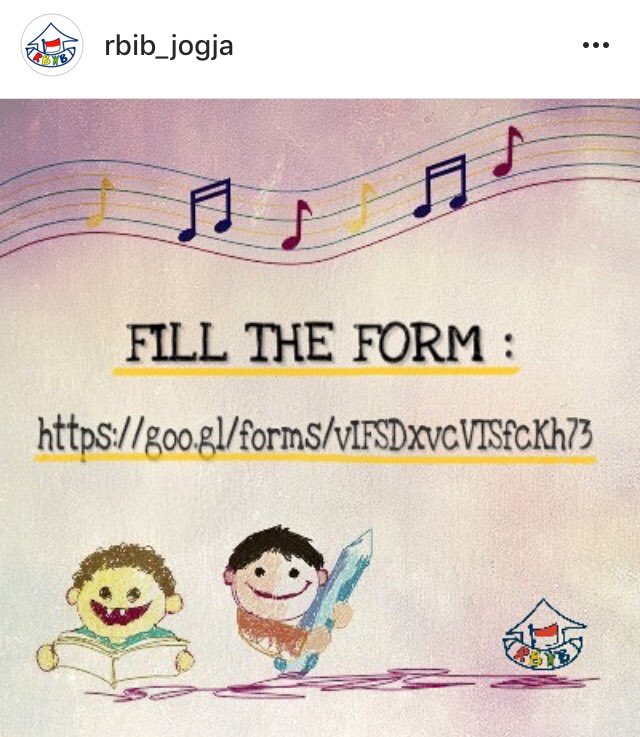Yang mau ikutan bisa langsung isi formnya di -> docs.google.com/forms/d/e/1FAI… .Untuk informasi lebih lanjut kakak-kakak bisa hubungin :
WA : 085790449338 (Ama)
LINE/SMS : 082131446569 
IG : @rbib_joga
Email : rbib.jogja20@gmail.com