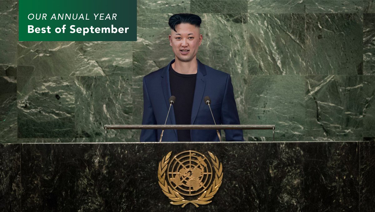 TheOnion's tweet photo. Physically Fit, Emotionally Stable Kim Jong-Un Addresses UN After Finally Getting Nuclear Ambitions Out Of System https://t.co/NEgG6Rnj9l #OurAnnualYear https://t.co/YDDW0q6IFM