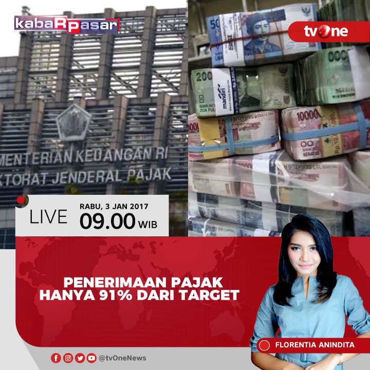 Penerimaan Pajak Hanya 91% Dari Target.
Saksikan berita selengkapnya di Kabar Pasar, pkl 09.00 WIB LIVE di tvOne. 
#KABARPASARTVONE