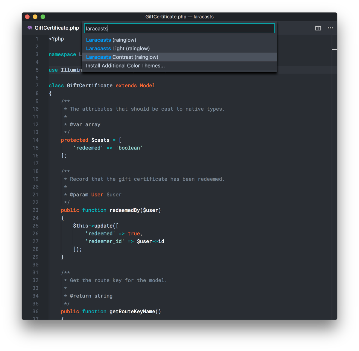 laracasts's tweet photo. If you install the Rainglow extension (by @daylerees) for your favorite code editor, you can use the official Laracasts syntax theme. :) https://t.co/c737soFO25
