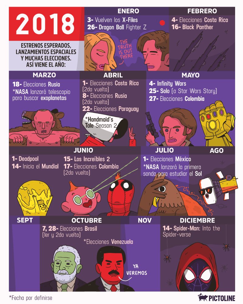 pictoline's tweet photo. Estrenos
Lanzamientos
Y muchas, muchas elecciones presidenciales

Así viene el 2018 😱😰🙃 https://t.co/muf6kNyCXa