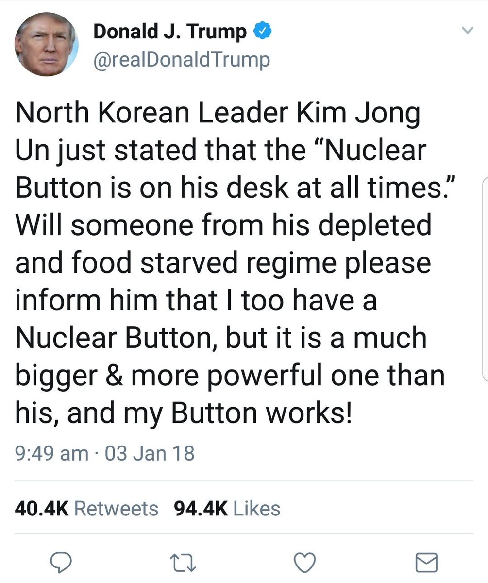 KoreanizedKR's tweet photo. Trump just responded to Kim Jong Un New Year's day speech in which he said he has a nuclear button installed on his office desk.

#northkorea #DPRK https://t.co/a4olFxTDjD
