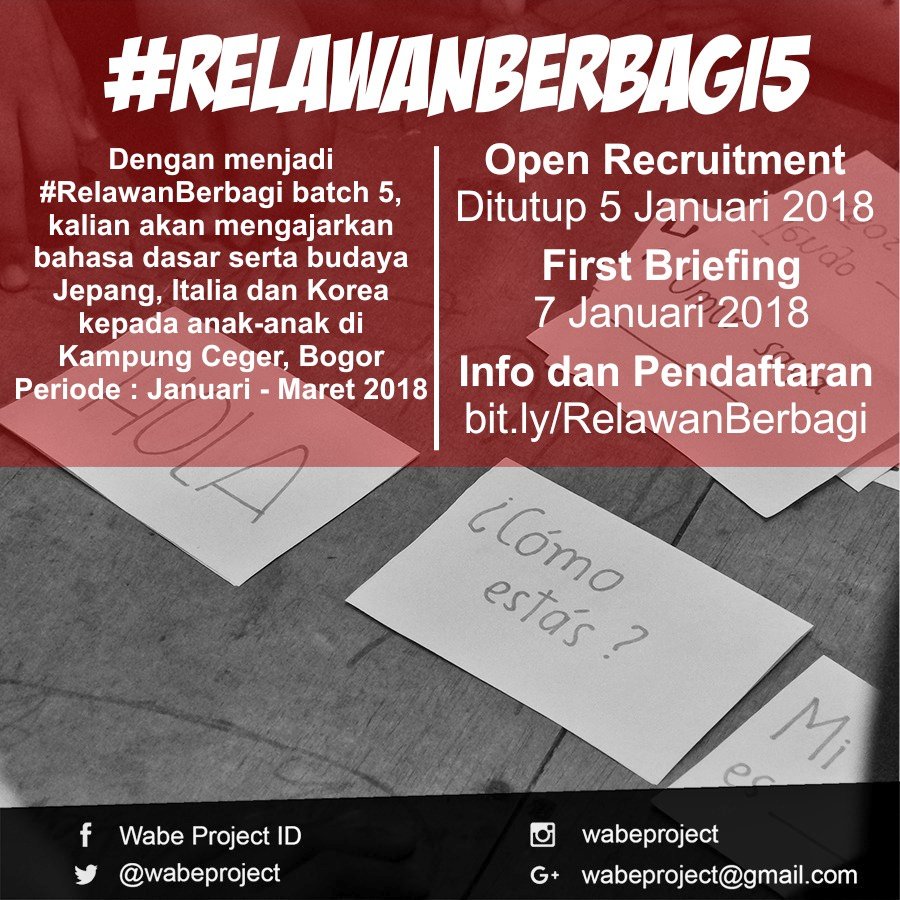 📢 Hai buat kalian yg menyukai dunia Bahasa &amp; Budaya, Yuk berbagi ilmu Seni &amp; Budaya utk adik2 di Kp. Ceger dgn menjadi bit.ly/RelawanBerbagi