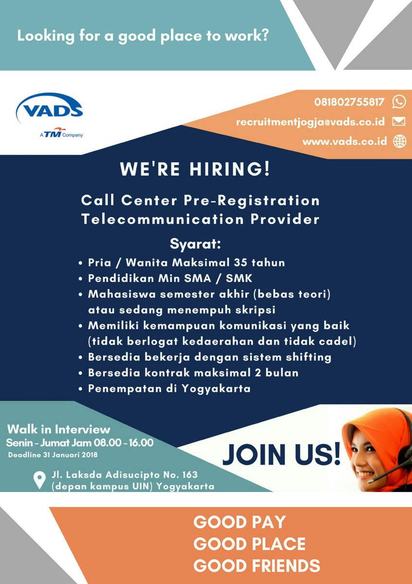 VADSID's tweet photo. PT VADS Indonesia saat ini sedang membuka lowongan pekerjaan untuk area Yogyakarta dengan posisi : 

Call Center Pre-Registration Telecommunication Provider 

@JogjaKerja @JogjaLowKer @LowkerJogja #VADScancy #VADSter #IDVADS https://t.co/cCoWvMSWui