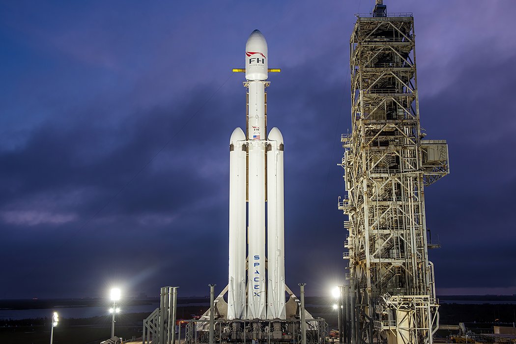 Falcon Heavy sits poised atop Pad 39A for the first time in preparation for its inaugural flight later this month.   