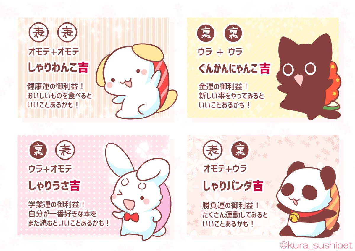 コインで占う、すしペットみくじ！ やり方はカンタン！コインを二枚順番に投げて、 ウラとオモテがどんな組み合わせででたか、画像と照らし合わせてね。  え？どの吉も変な名前？気にしない気にしない。