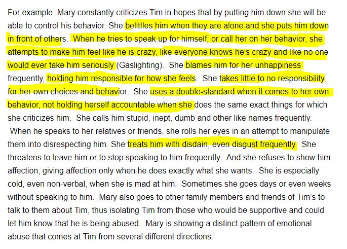 I particularly highlighted the signs of abusive behaviors displayed in this example of an emotionally abusive relationship.
