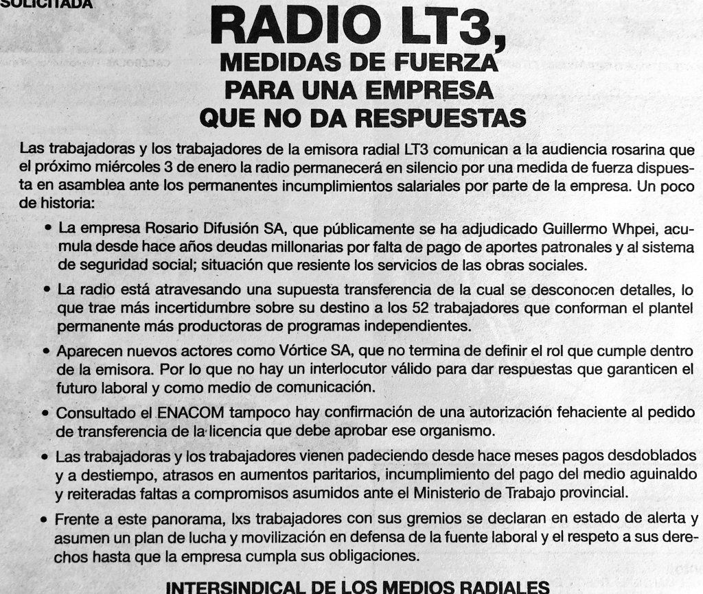 fermolinaok's tweet photo. #Ahora LA INTERSINDICAL de medios informa que por 24hrs los trabajadores de @lt3am680 están de PARO. El cese de actividades se debe a la falta de respuesta de ROSARIO DIFUSIÓN S.A con respecto a salarios y aportes. #ParoenLT3 https://t.co/Q4KZoDUwMV