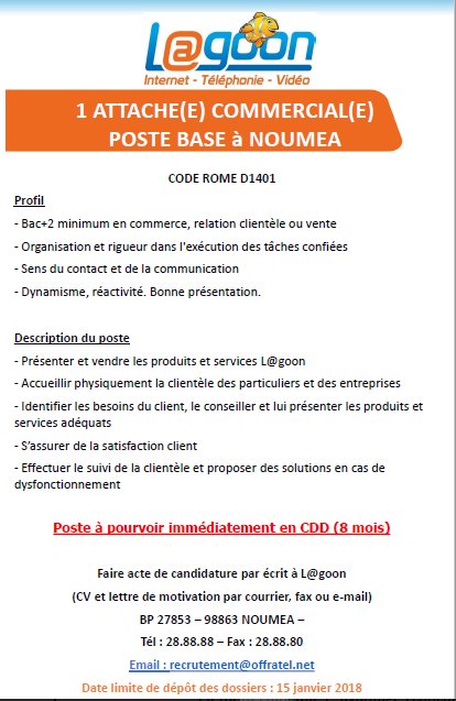 Lagoon On Twitter Emploi Poste A Pourvoir Immediatement Attache E Cial E Base E A Noumea Cdd 8 Mois Limite Candidature 15 Janvier 2018 Envoyez Cv Lm A Recrutement Offratel Net Emploinc Jobsnc