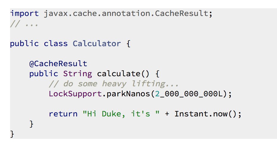 java's tweet image. Overview of the handy functionality  in #JCache which transparently caches the result of methods - @DaschnerS 

blog.sebastian-daschner.com/entries/cachin…