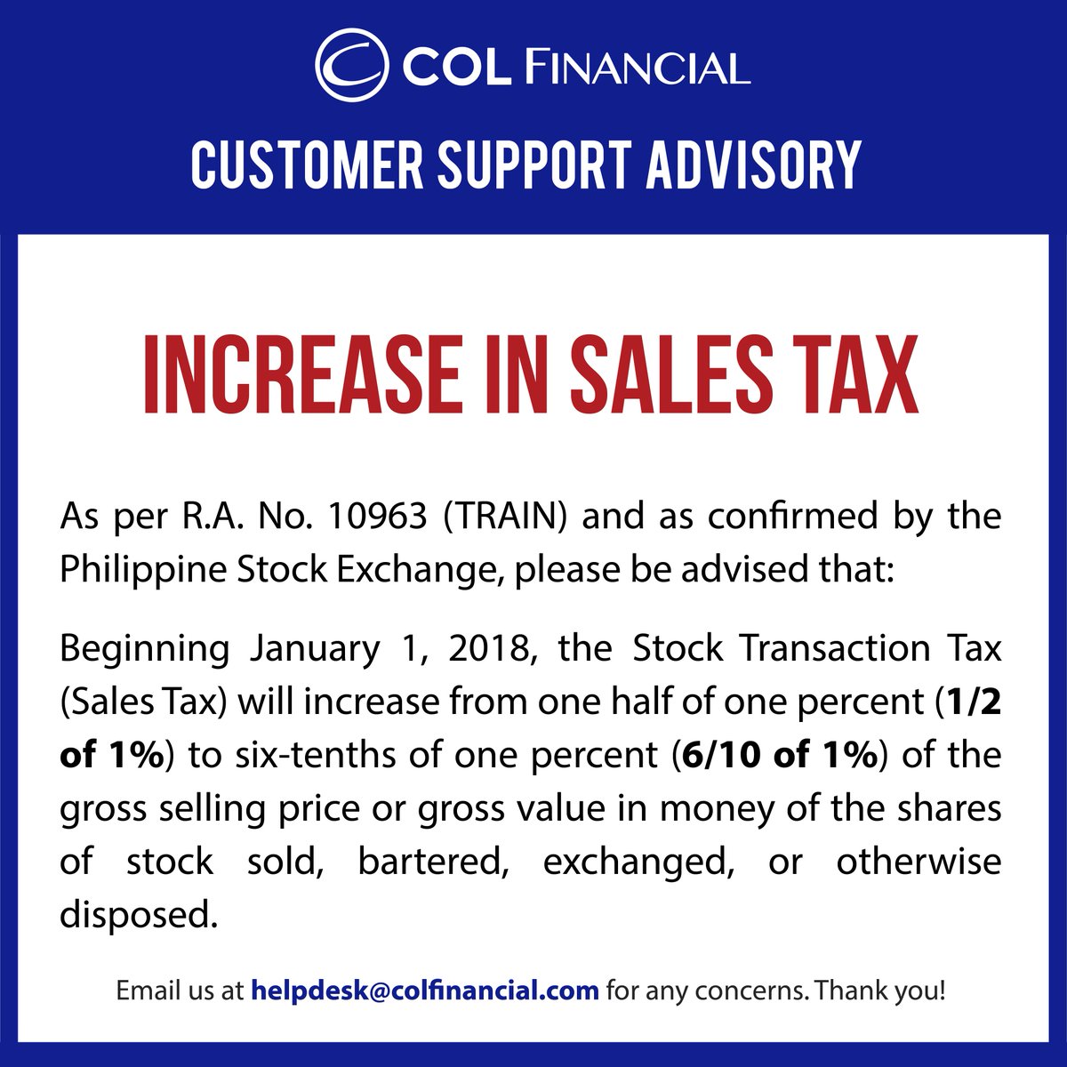 Col Financial On Twitter Advisory Increase In Sales Tax For