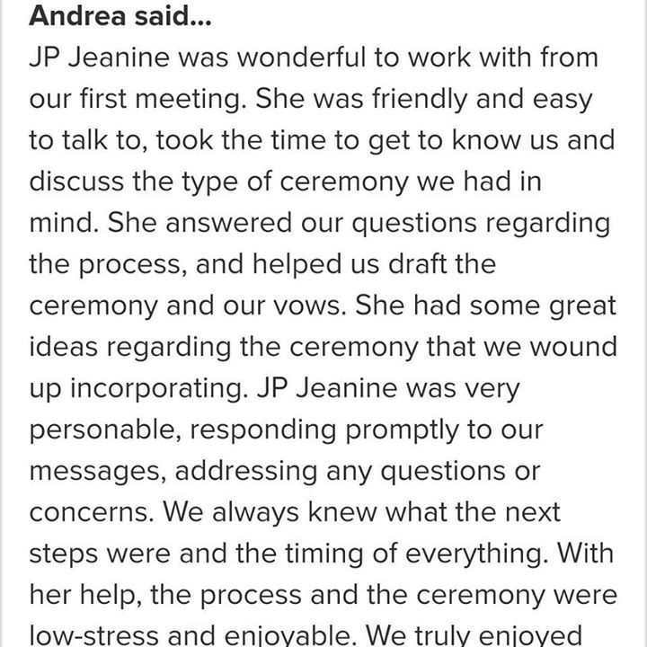 JPJeanine's tweet photo. Thank you to Andrea and Mark for reviewing me on both @theknot and @weddingwire. It really means a lot that they took the time to do both. #bestoftheknot #weddingwirecoupleschoice #5starreviews #5starreview #jpjeanine #jpreview #officiantreview #officiant #justiceofthepeac… https://t.co/pzSKiMFQp1
