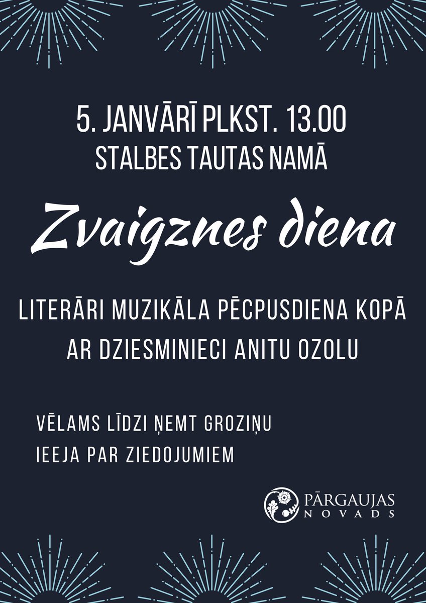 Jau šonedēļ, 5. janvārī, plkst. 13.00 Stalbes tautas namā Zvaigznes dienas ietvaros notiks literāri muzikāla pēcpusdiena kopā ar dziesminieci Anitu Ozolu. Visi laipni aicināti.