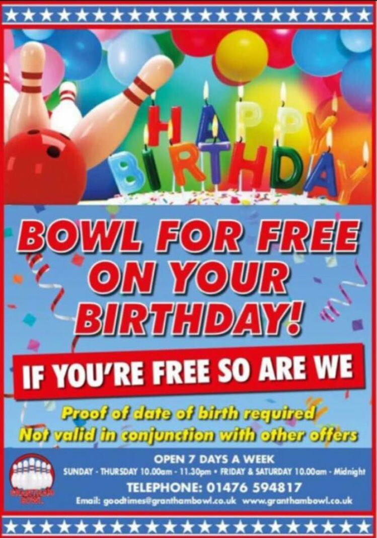 GranthamBowl's tweet photo. If it’s your birthday this month come and celebrate with a free game of bowling! ( booking advisable to avoid disappointment) 🎳🎉🎳🎈🎳🎉🎳🎈 https://t.co/cHDVd7in1H