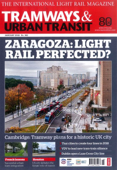tranviadezgz's tweet photo. El Tranvía de Zaragoza es portada de la revista internacional Tramways &amp; Urban Transit, que destaca su contribución al Medio Ambiente. @MainspringUK @zaragoza_es https://t.co/Dd0FMzhzuY