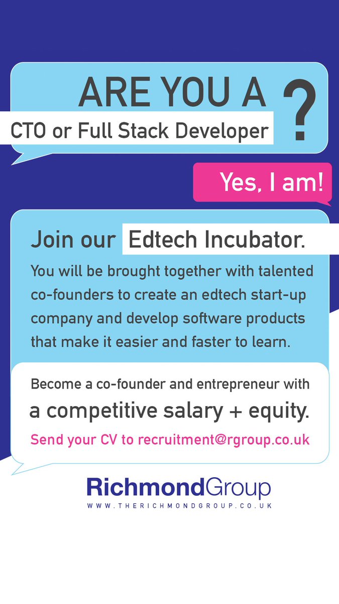 RichmondGroup's tweet photo. Want to become a co-founder of an exciting new startup? We're hiring! Join our edtech incubator by sending your CV to recruitment@rgroup.co.uk #edtech #tech #devops #developers #cto #fullstackdeveloper https://t.co/KXKentEsWL
