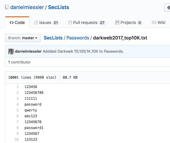 DanielMiessler's tweet photo. The TopN Darkweb 2017 Metabreach Top Passwords are now live in SecLists.

https://t.co/yMrH82VDeJ
https://t.co/F4fhltUkwB
https://t.co/7VpFMNqUen
https://t.co/W2bFojJjDM

@jhaddix and I are already testing this list vs. other composite lists, and we'll let you know what we find! https://t.co/2HEBPklHkp