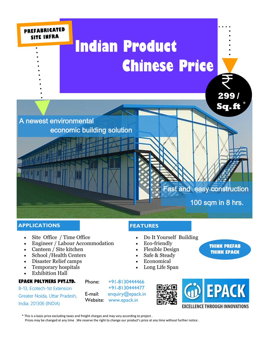 EPACKPrefab's tweet photo. #EPACK #KHouse is used as temporary constructing house of field work like road, railway &amp; construction sites or municipal &amp; commercial and other temporary housing.
Contact us at +91-8130444466 or enquiry@epack.in
 #EPACKProduct  #fastconstruction #easyconstruction #indianproduct https://t.co/i8ZGjZDP8w